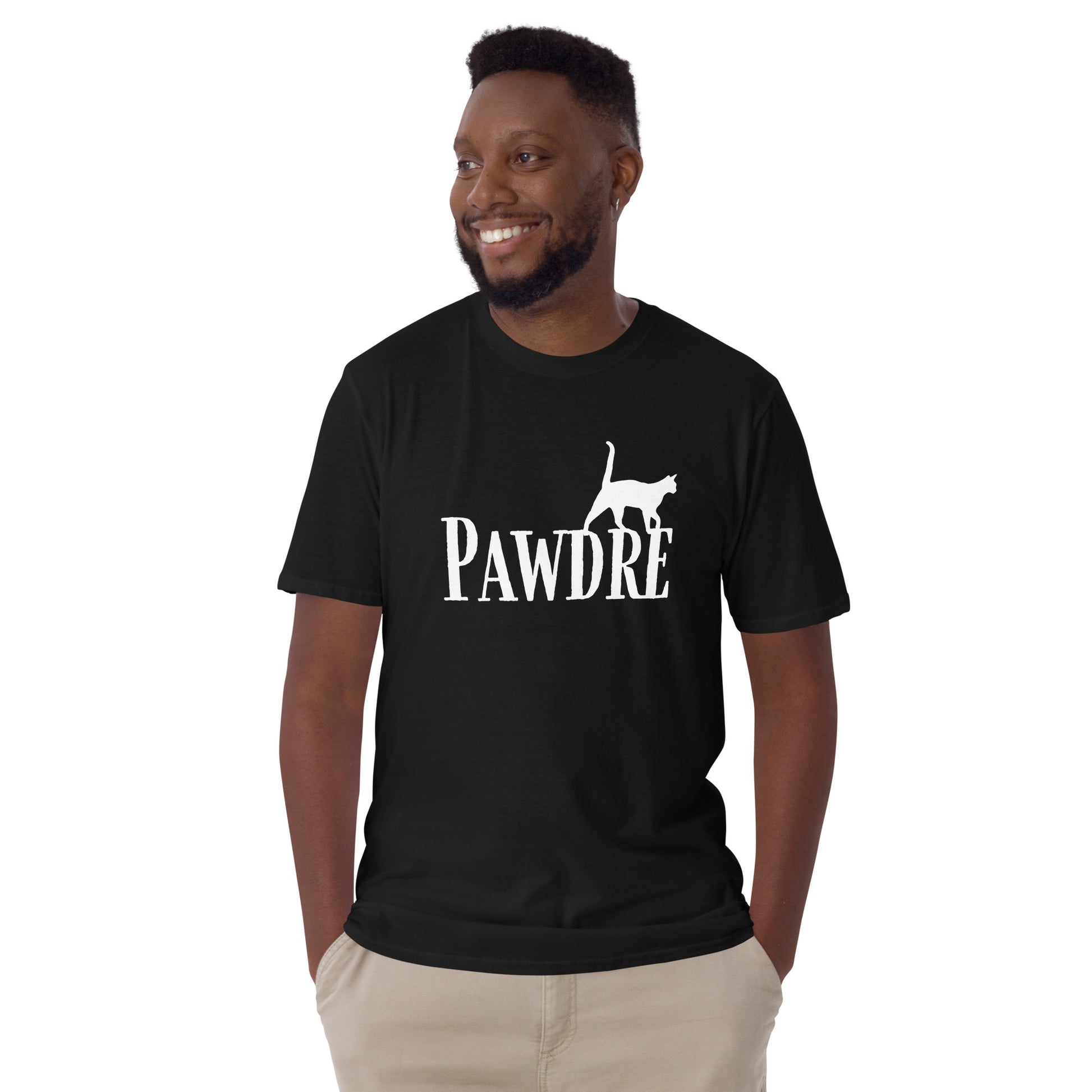 Black T-shirt with 'Pawdre' text and cat silhouette in white, perfect for proud cat dads