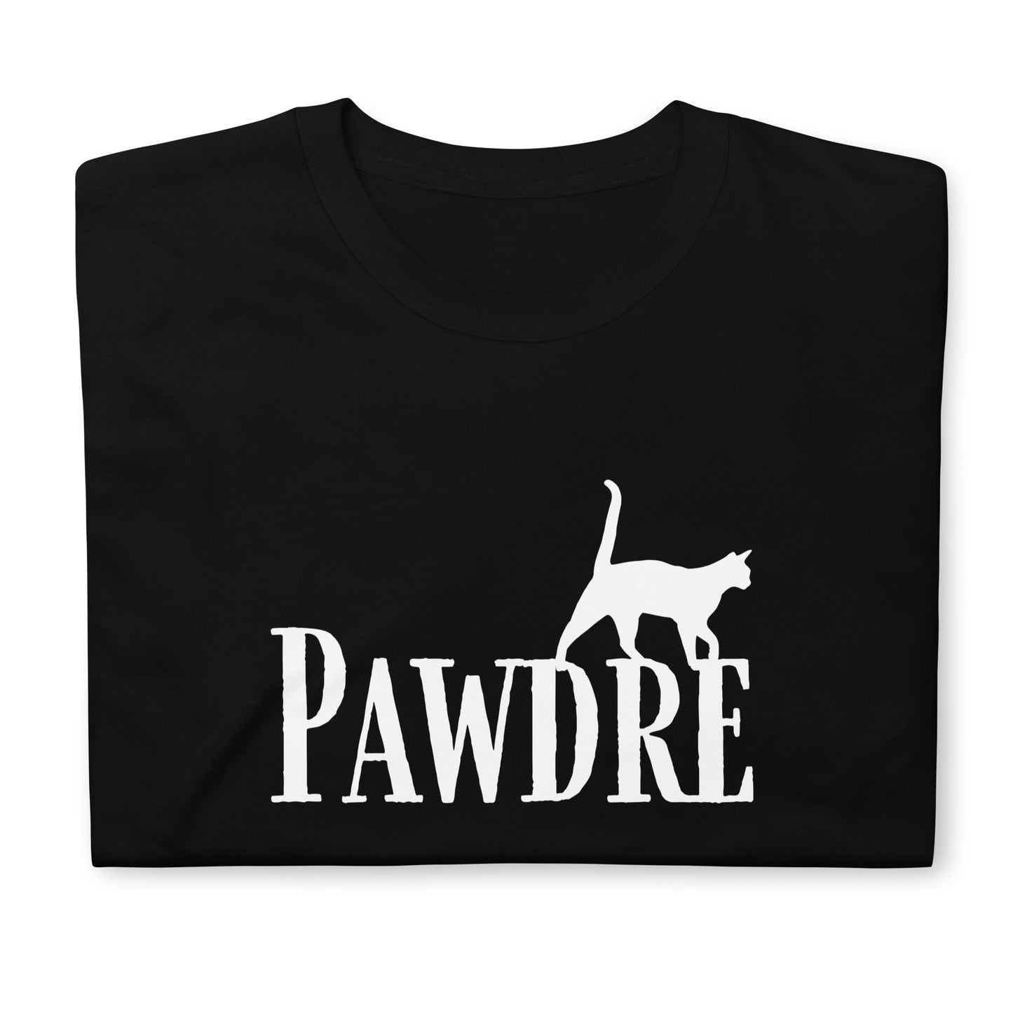 Black T-shirt with 'Pawdre' text and cat silhouette in white, perfect for proud cat dads