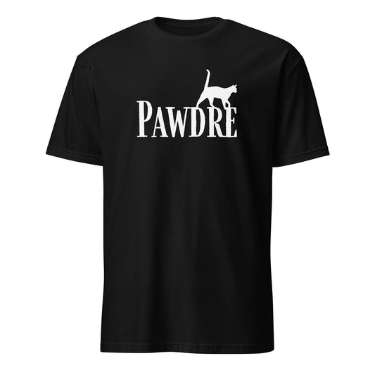 Black T-shirt with 'Pawdre' text and cat silhouette in white, perfect for proud cat dads