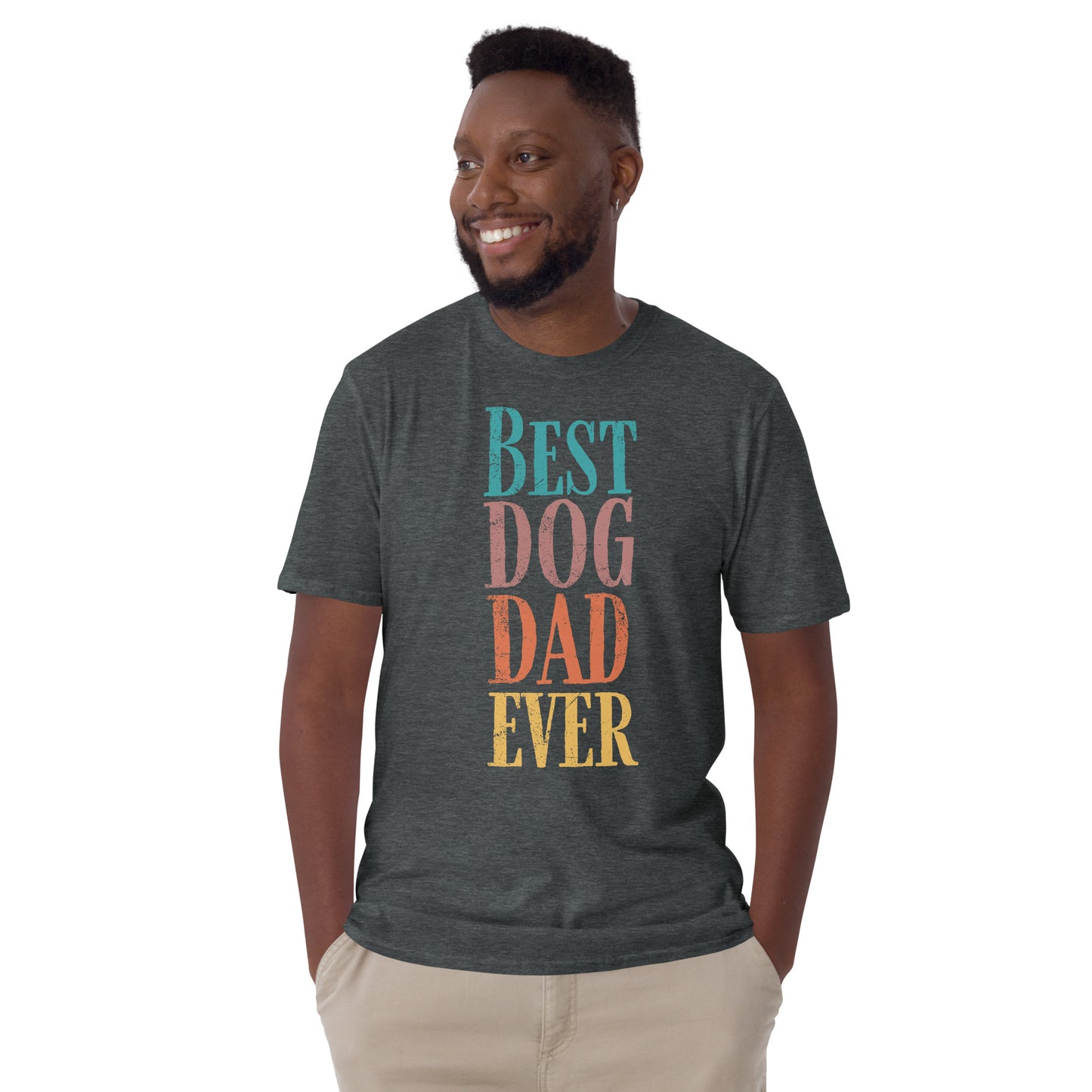 Best Dog Dad Ever T-shirt in dark heather with colorful text, ideal gift for proud dog fathers