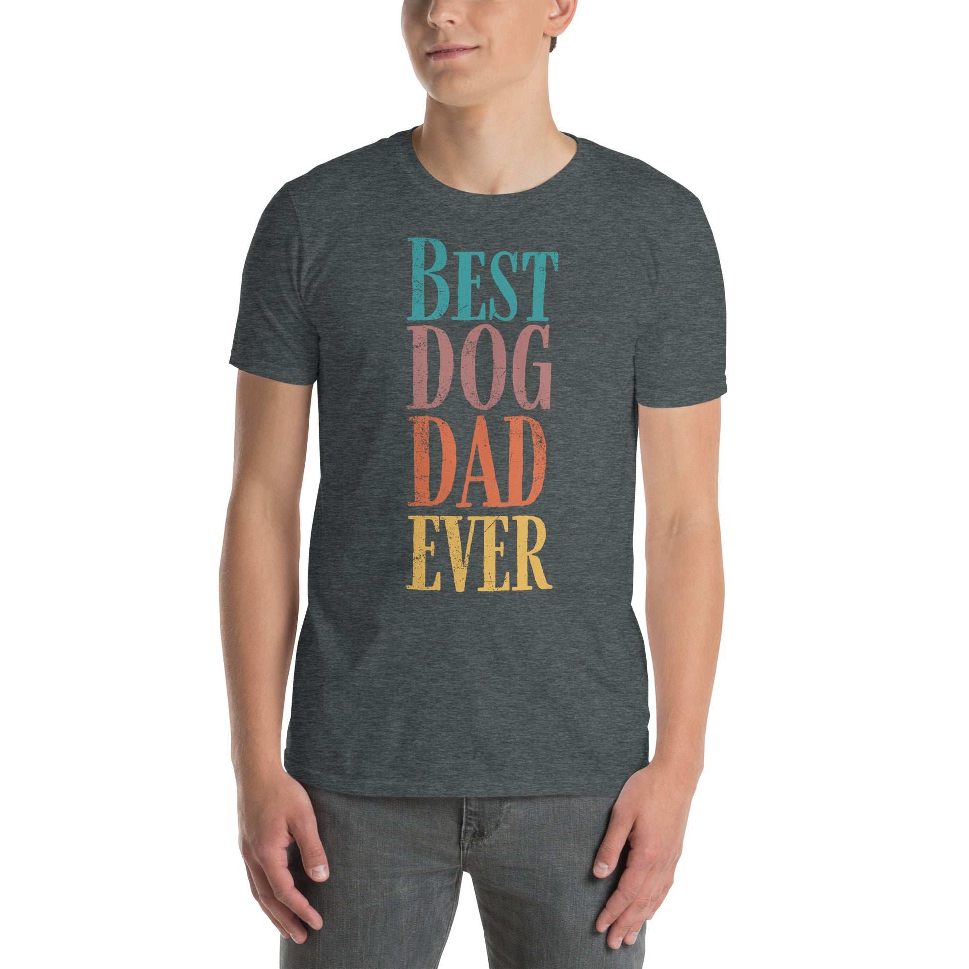 Best Dog Dad Ever T-shirt in dark heather with colorful text, ideal gift for proud dog fathers