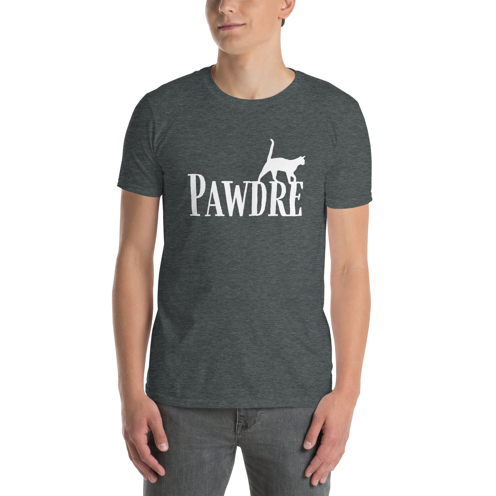 Dark Heather T-shirt with 'Pawdre' text and cat silhouette in white, perfect for proud cat dads