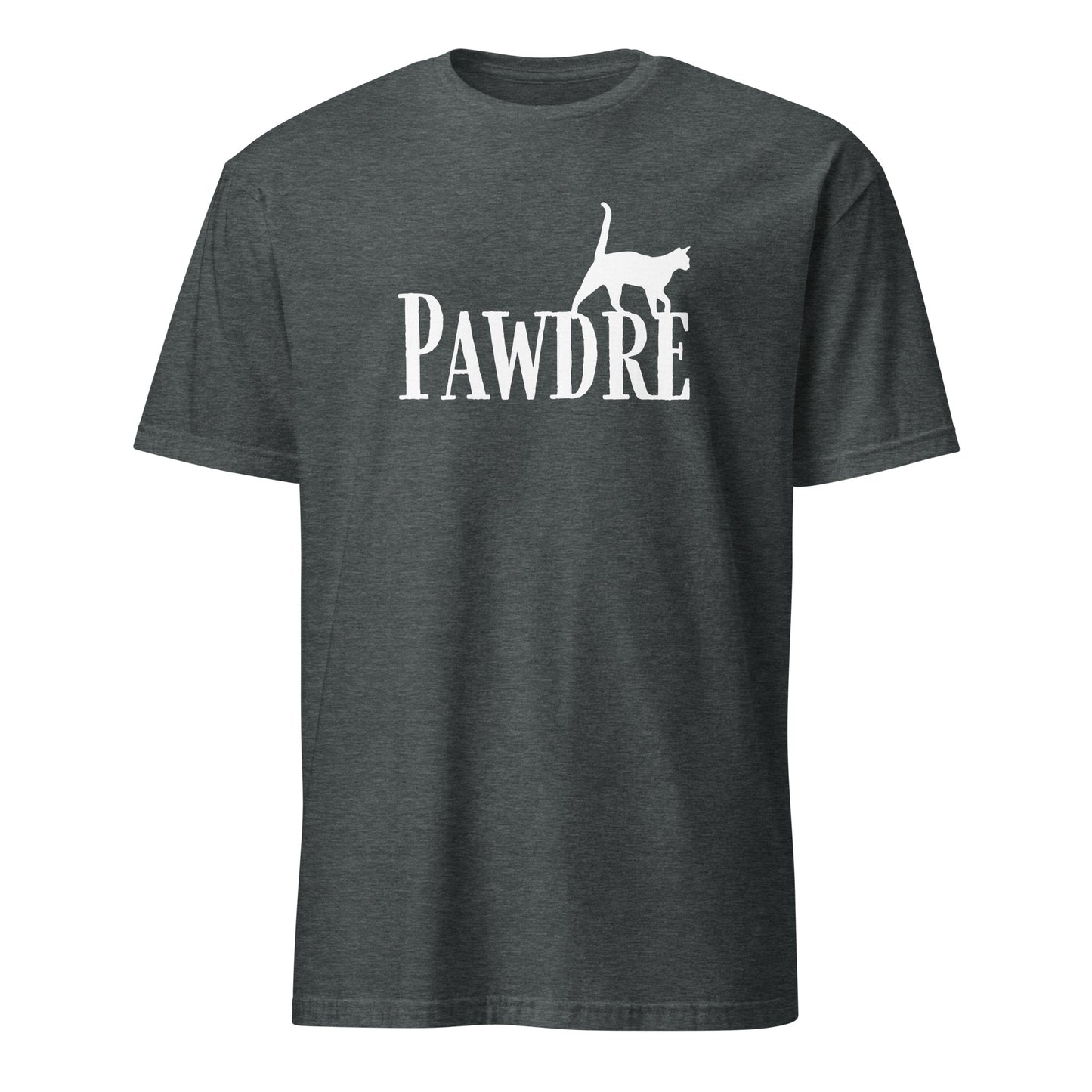 Dark Heather T-shirt with 'Pawdre' text and cat silhouette in white, perfect for proud cat dads