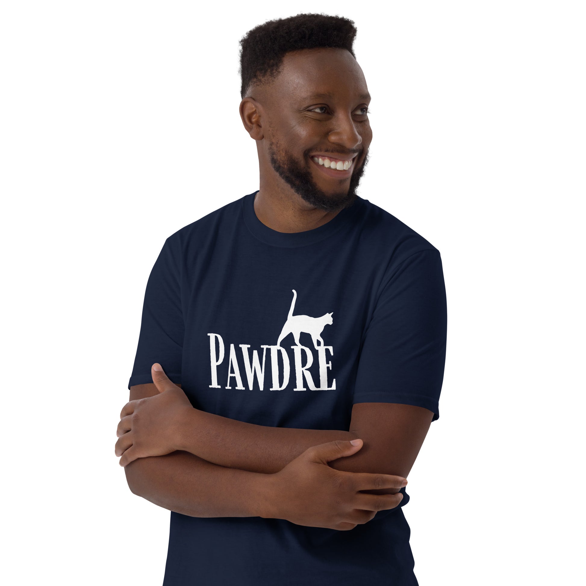 Navy T-shirt with 'Pawdre' text and cat silhouette in white, perfect for proud cat dads