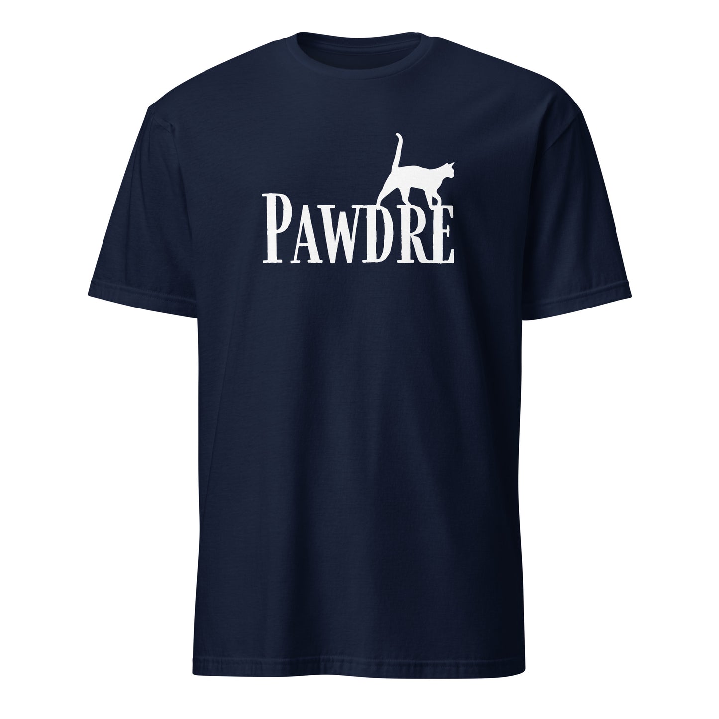 Navy T-shirt with 'Pawdre' text and cat silhouette in white, perfect for proud cat dads