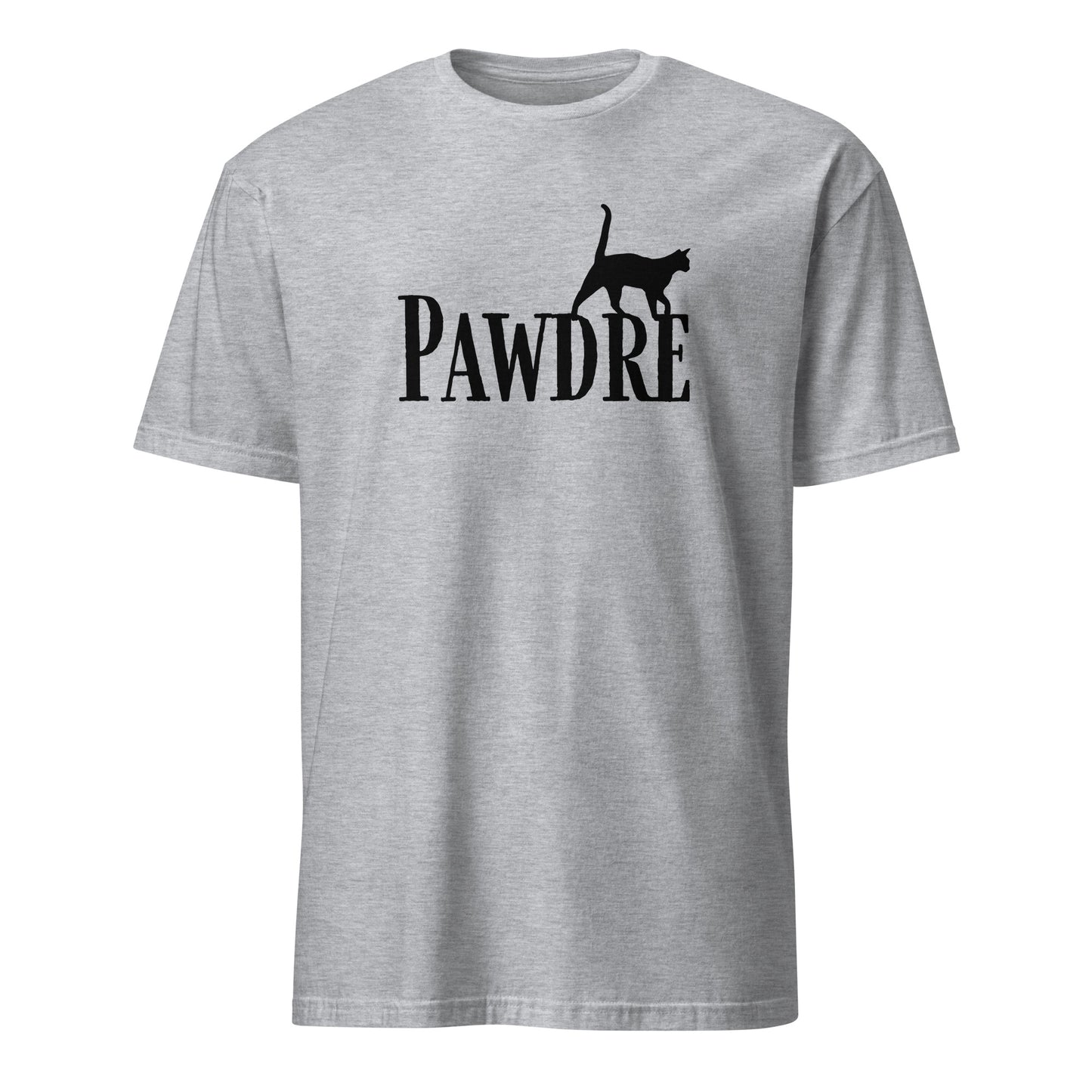 Sport Grey T-shirt with 'Pawdre' text and cat silhouette in black, perfect for proud cat dads