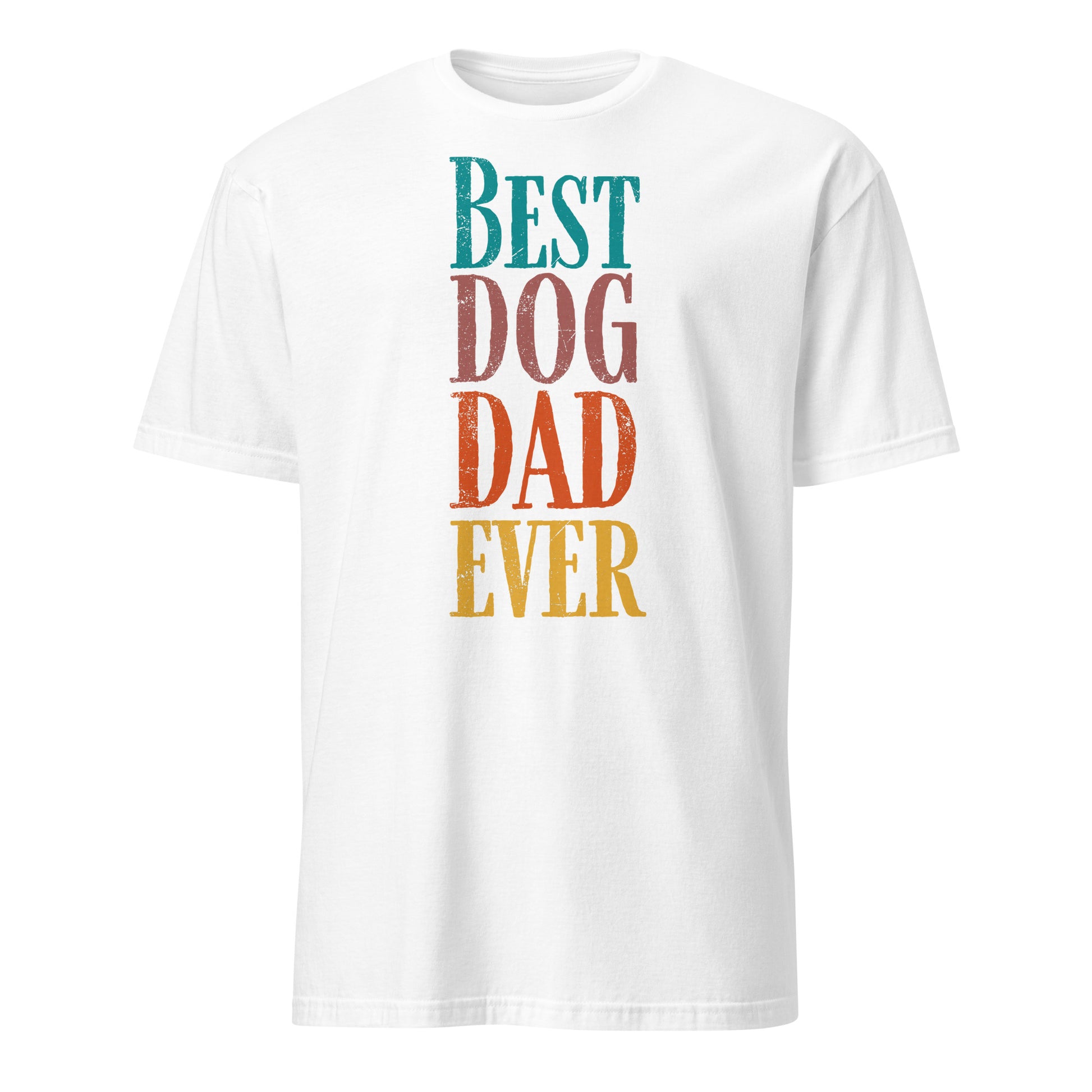 Best Dog Dad Ever T-shirt in white with colorful text, ideal gift for proud dog fathers