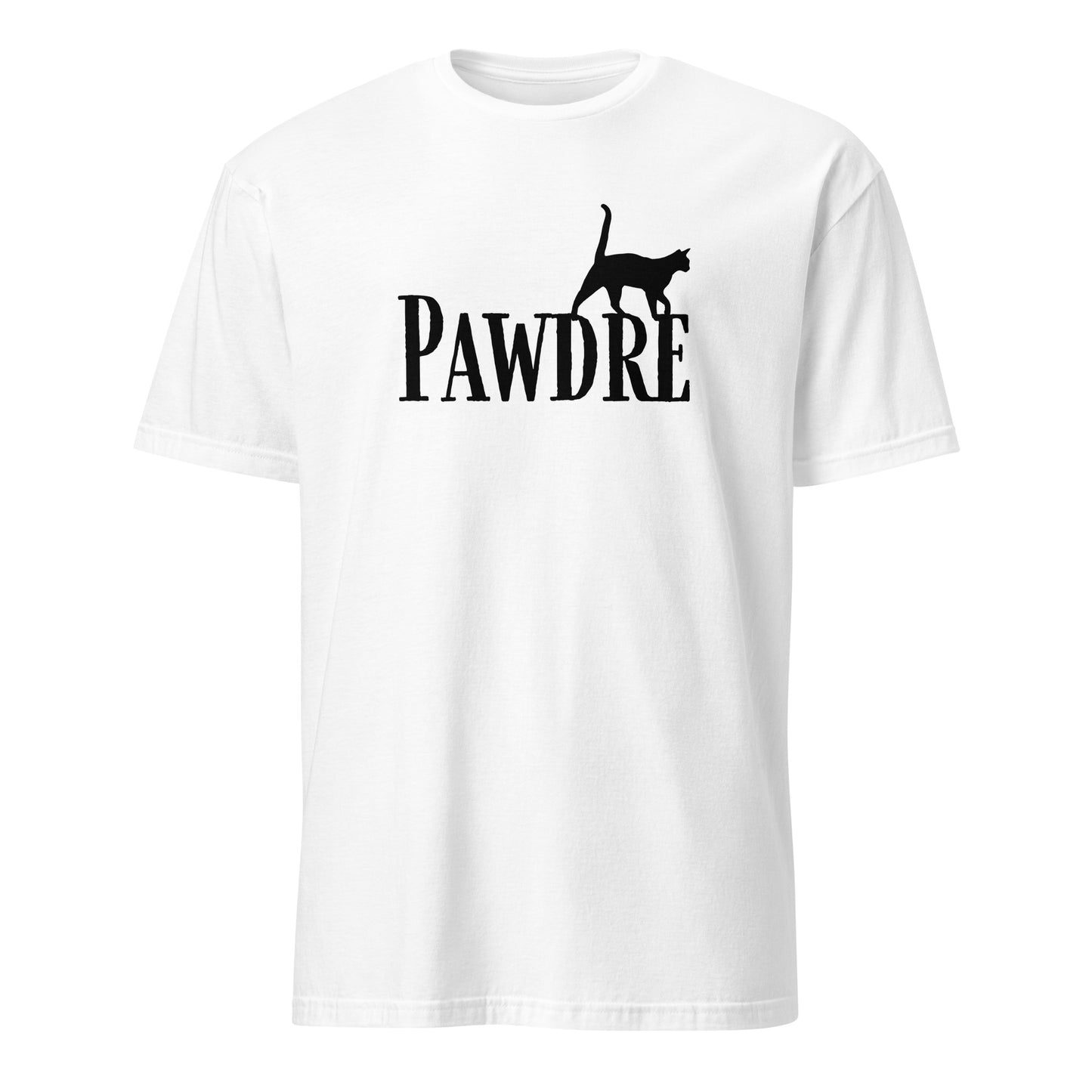 White T-shirt with 'Pawdre' text and cat silhouette in black, perfect for proud cat dads