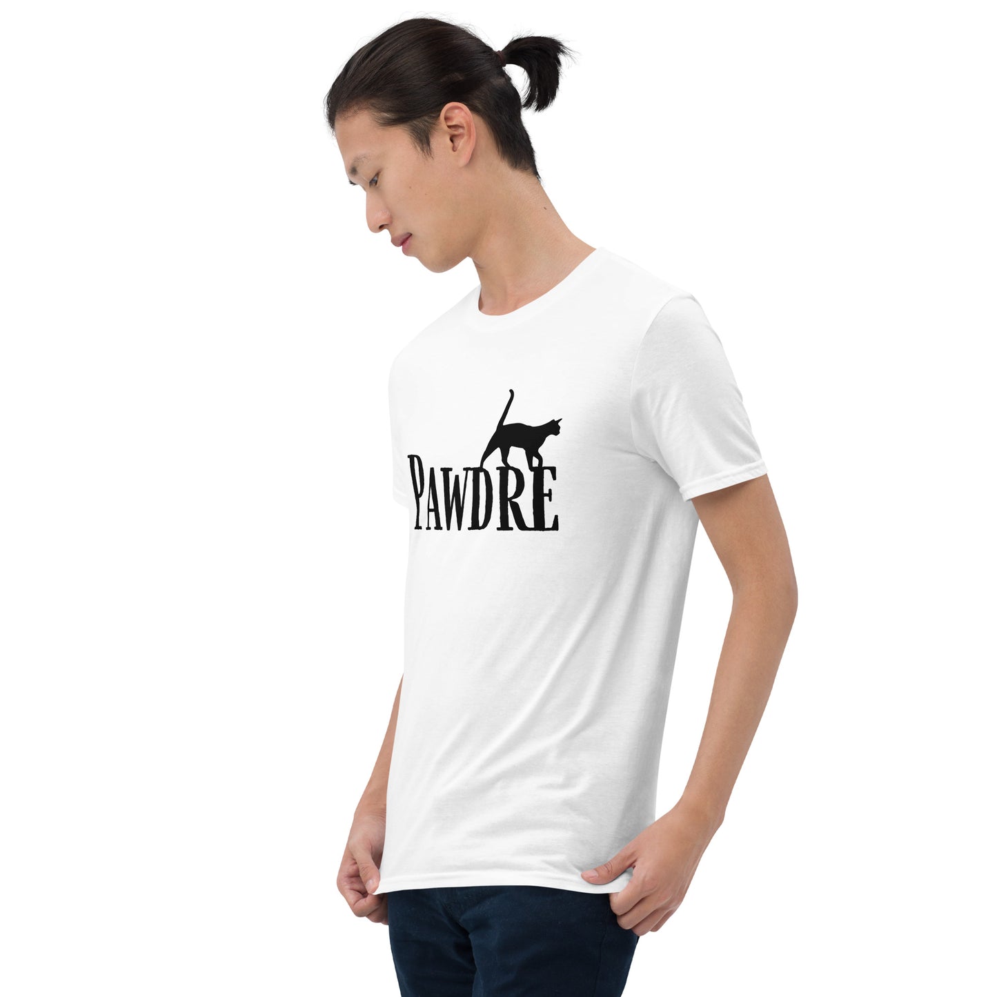 White T-shirt with 'Pawdre' text and cat silhouette in black, perfect for proud cat dads